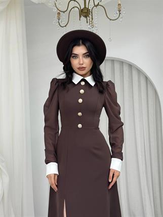 Evona Yırtmaç Detaylı Düğmeli Elbise