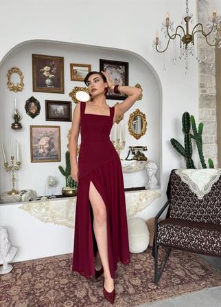 Hulos Yırtmaç Detaylı Atlas Şifon Elbise