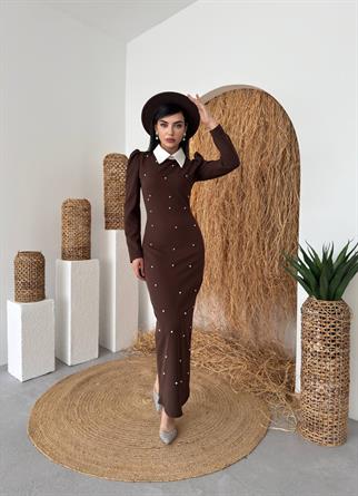 Perlina İnci Boncuk Detay Gömlek Yaka Uzun Elbise