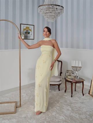 Nova Saten Şal Detay Uzun Elbise