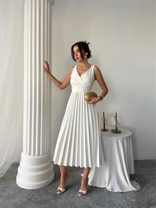 Alyosa Pileli V Yaka Midi Elbise