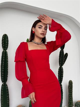 Hare Kolları Fırfır Detaylı Elbise