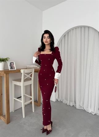 Aria İnci Taşlı Gömlek Kol Detay Uzun Elbise