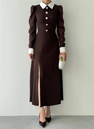 Evona Yırtmaç Detaylı Düğmeli Elbise