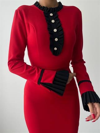 Ruby Fırfır Detay Manşet Kol Midi Elbise