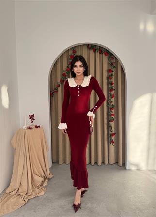 Arlena Retro Fırfır Detay Uzun Triko Elbise