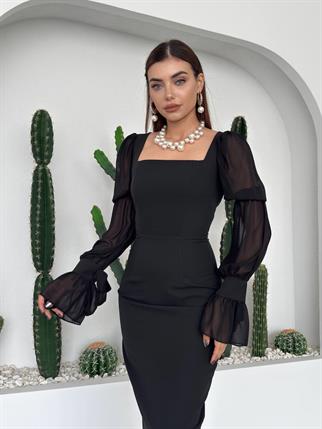 Hare Kolları Fırfır Detaylı Elbise