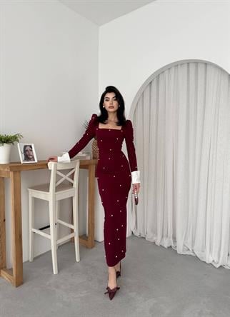 Aria İnci Taşlı Gömlek Kol Detay Uzun Elbise