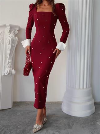 Kadın Tasarım İnci Taşlı Manşet Kol Detay Uzun Elbise