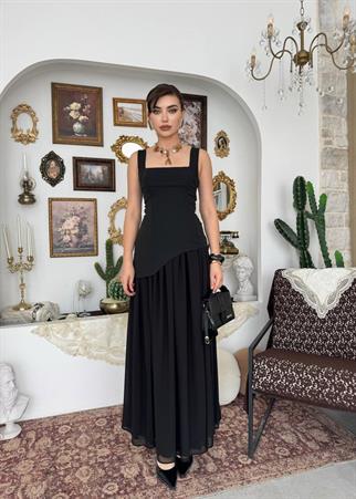 Hulos Yırtmaç Detaylı Atlas Şifon Elbise