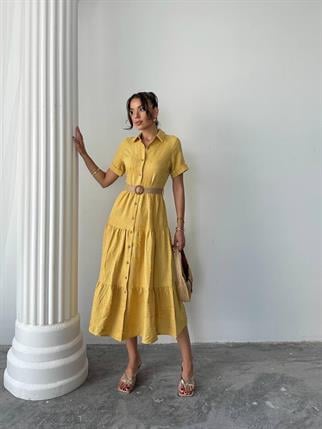Sofya Keten Kemerli Midi Elbise