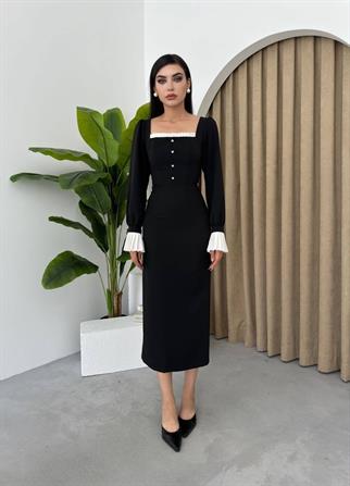 Kadın Tasarım Düğme Detay Manşet Kol Midi Elbise
