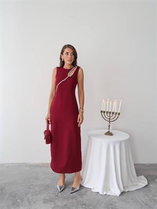 Mona Taş Detay Atlas Kumaş Uzun Elbise