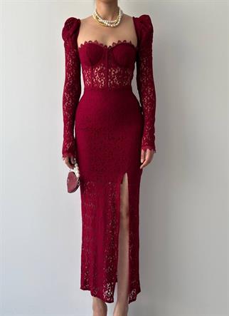 Royal Dantel Detay Yırtmaçlı Uzun Elbise