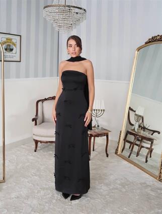 Nova Saten Şal Detay Uzun Elbise 