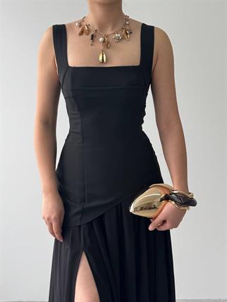 Hulos Yırtmaç Detaylı Atlas Şifon Elbise