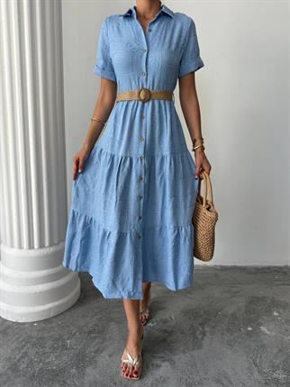 Sofya Keten Kemerli Mİdi Elbise