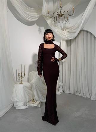 Olin Şallı Dantel Uzun Elbise 