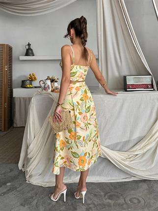 Dalia Çiçek Baskılı Keten Midi Elbise