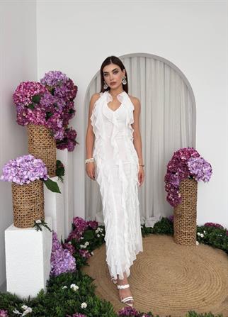 Lotus Şifon Fırfır Detay Uzun Elbise