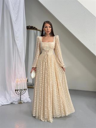 Vitange Korse Detaylı Uzun Tasarım Dantel Elbise