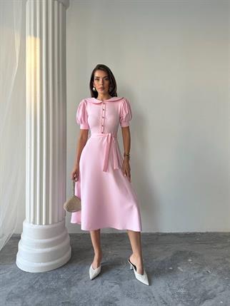 	Bebe Yaka Gold Düğmeli Atlas Midi Elbise