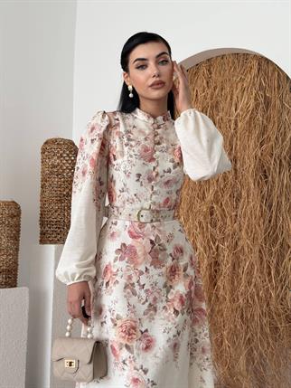 Orlena Düğme Detay Kemerli Uzun Elbise 