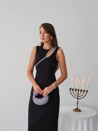 Mona Taş Detay Atlas Kumaş Uzun Elbise