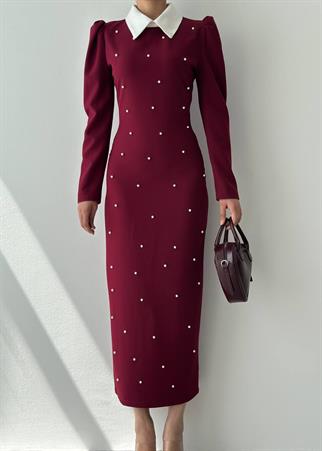 Perlina İnci Boncuk Detay Gömlek Yaka Uzun Elbise