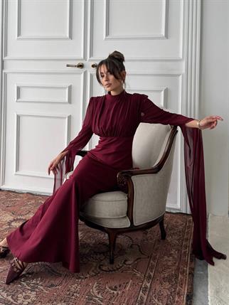 Karen Tül Kol Korsaj Bağlamalı Uzun Elbise