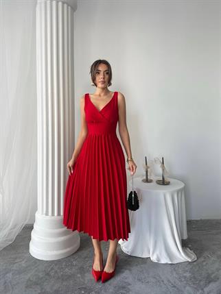 Alyosa Pileli V Yaka Midi Elbise