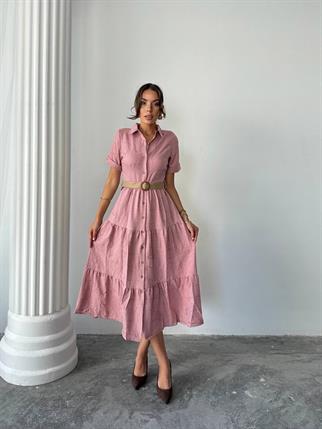 Sofya Keten Kemerli Midi Elbise