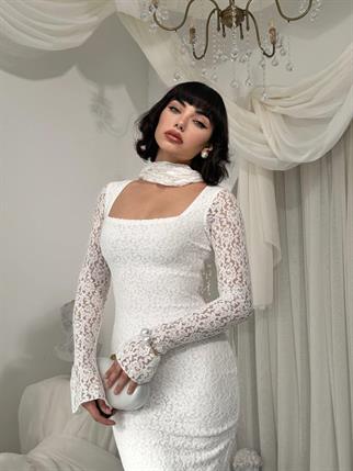 Olin Şallı Dantel Uzun Elbise