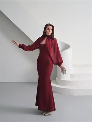 Kalp Yaka Taşlı Tasarım Şifon Elbise Angeline