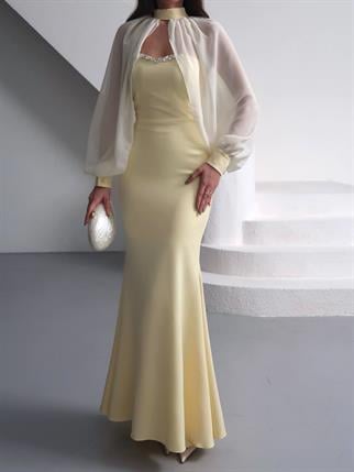 Kalp Yaka Taşlı Tasarım Şifon Elbise Angeline