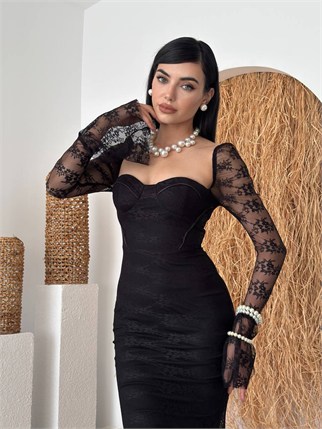 Corina Dantel Detay Balık Model Uzun Elbise Kod 00735
