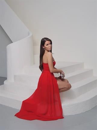 Staraplez Taşlı Tül Detay Mini Elbise Scarlet