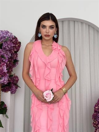 Lotus Şifon Fırfır Detay Uzun Elbise