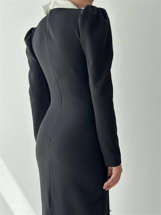 Perlina İnci Boncuk Detay Gömlek Yaka Uzun Elbise