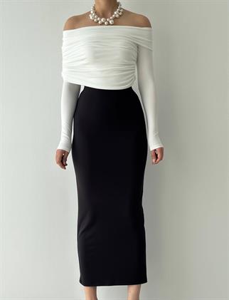 Ivory Drapeli Omuz Açık Detay Uzun Elbise