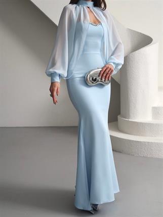 Kalp Yaka Taşlı Tasarım Şifon Elbise Angeline