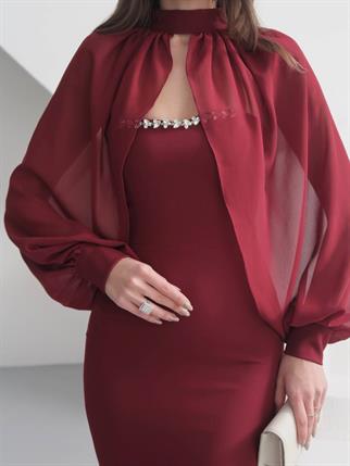 Kalp Yaka Taşlı Tasarım Şifon Elbise Angeline