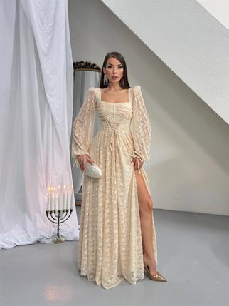 Vitange Korse Detaylı Uzun Tasarım Dantel Elbise