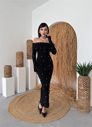 Marvella İnci Boncuk Detay Straplez Uzun Elbise