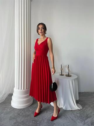 Alyosa Pileli V Yaka Midi Elbise