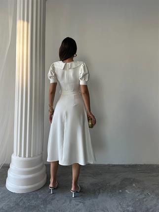 Bebe Yaka Gold Düğmeli Atlas Midi Elbise