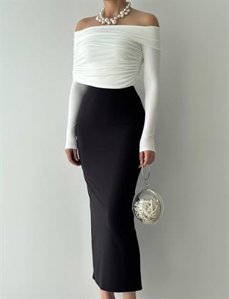 Ivory Drapeli Omuz Açık Detay Uzun Elbise