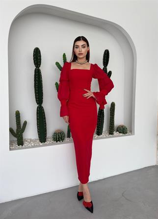 Hare Kolları Fırfır Detaylı Elbise