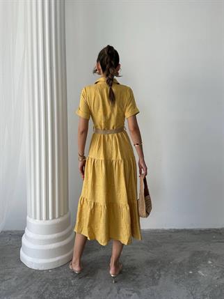 Sofya Keten Kemerli Midi Elbise