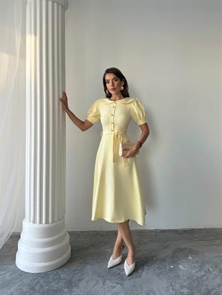 	Bebe Yaka Gold Düğmeli Atlas Midi Elbise